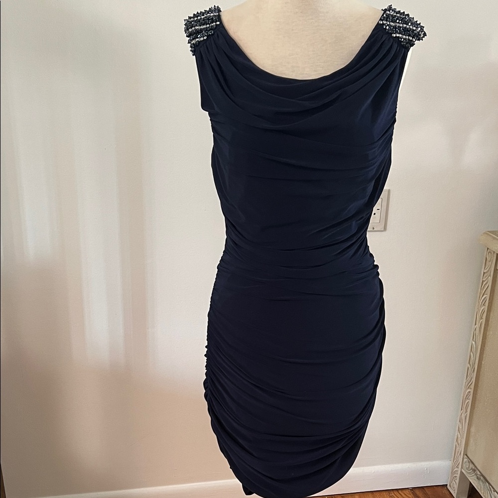 Elegant Navy Sleeveless Dress with Embellished Shoulders